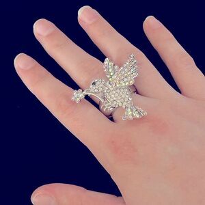 Vintage Silvertone Bedazzled Rhinestone Sparkly Statement Stretchy Bird Ring